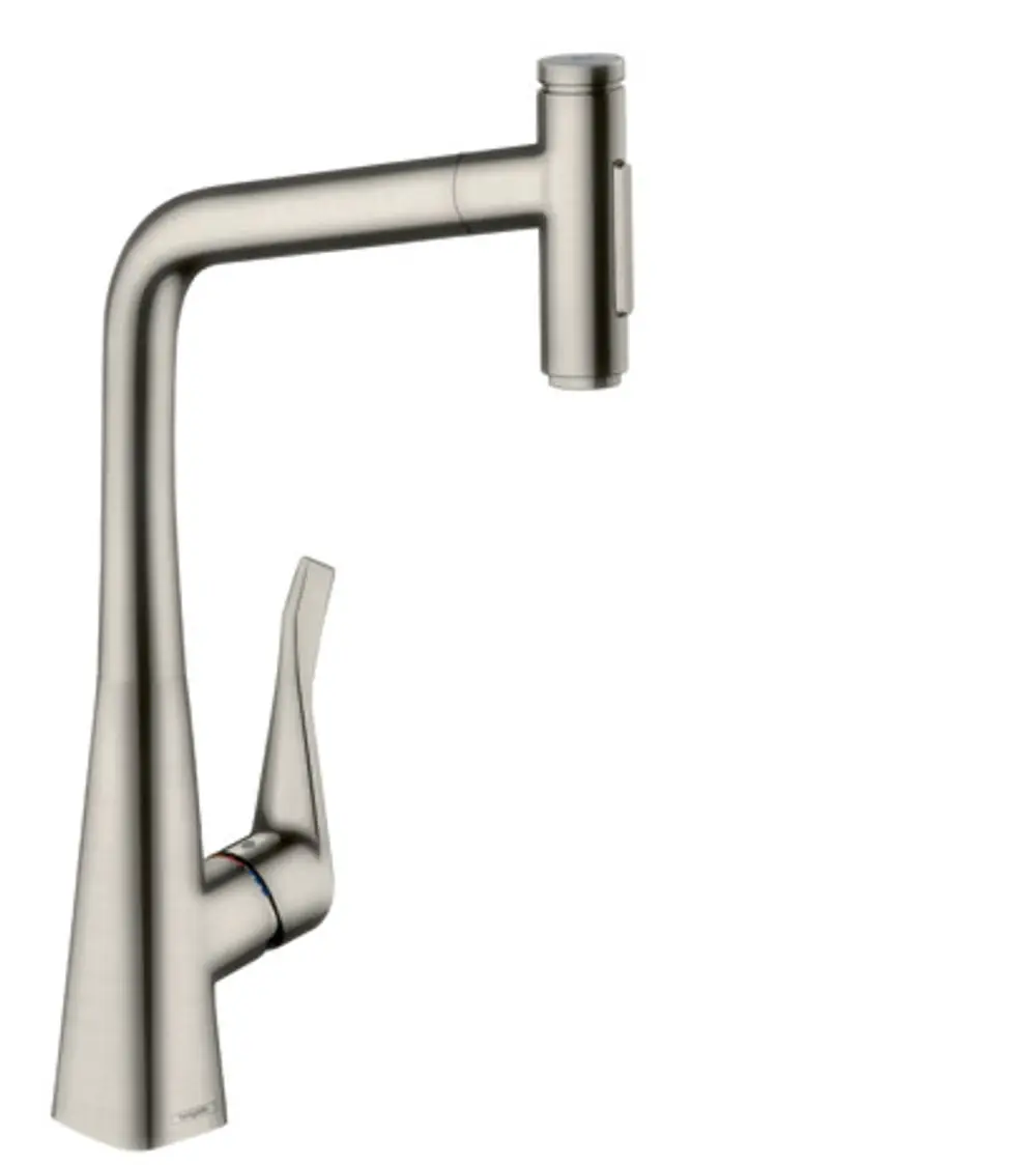 Küchenarmatur von Hansgrohe mit einer Ausziehbrause. Der Wasserhahn hat einen hohen, gebogenen Auslauf und einen ergonomischen Griff für die Wassersteuerung.
